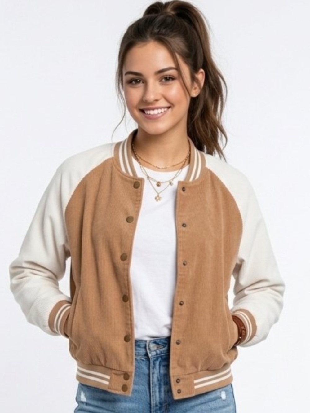 Blu Pepper Camel and Cream Mid-weight Corduroy Bomber Jacket NWOT